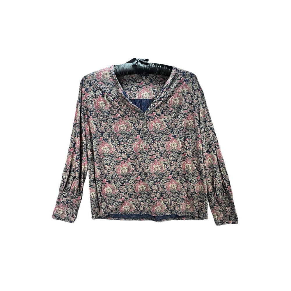 Lucky Brand Womens XL Paisley Print Boho Peasant Blouse Navy Pink Long Sleeve - Picture 2 of 12